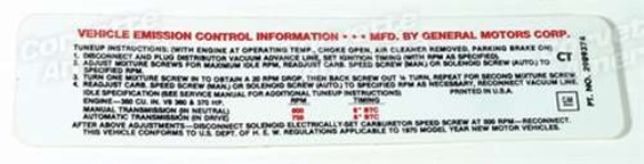 Label. Emission 370 Horsepower LT1 70
