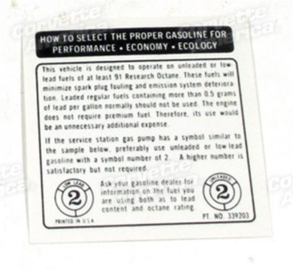 Decal. Fuel Recommendations 73-74