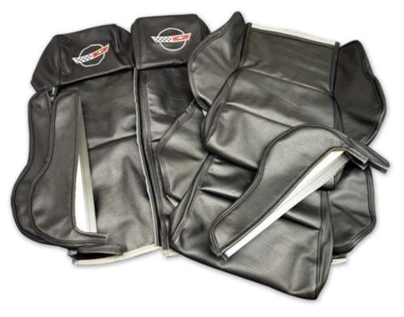 Embroidered Leather Seat Covers. Black Sport 84-88