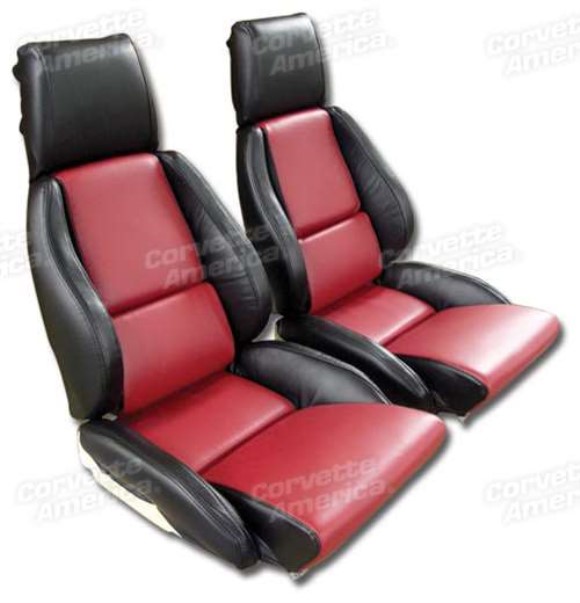 Mounted Leather Seat Covers. Black / Red 2-Tone Standard 86-88