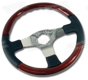 Steering Wheel. Black Leather and Mahogany/Chrome 3 Spoke 68-82