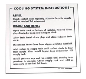Decal. Coolant Instructions 65 396/67 L88 65-67