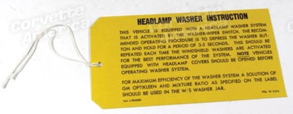 Instruction Tag. Headlamp Washer 69-70
