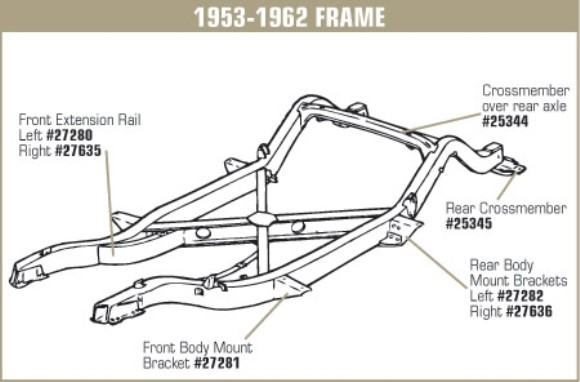 Frame Crossmember Front Extension Rail. LH 53-62