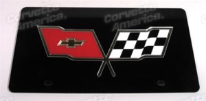 Front License Plate. Black with Mirrored Crossflags Logo 53-82